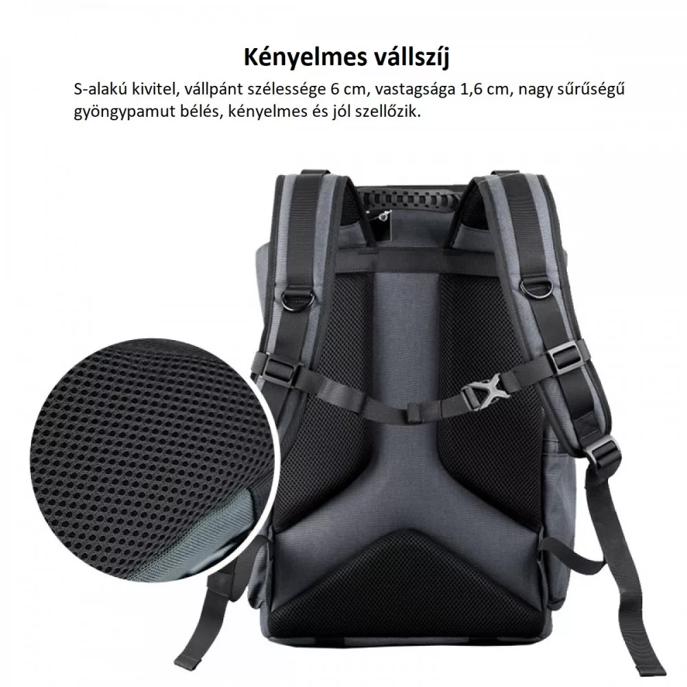 Szürke hátizsák hálós hátpanellel és állítható pántokkal.