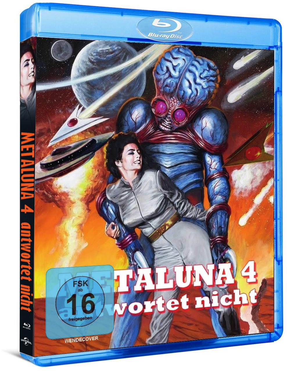 Blu-ray-Cover mit Alien und Frau, Titel "METALUNA 4 antwortet nicht" auf Deutsch.