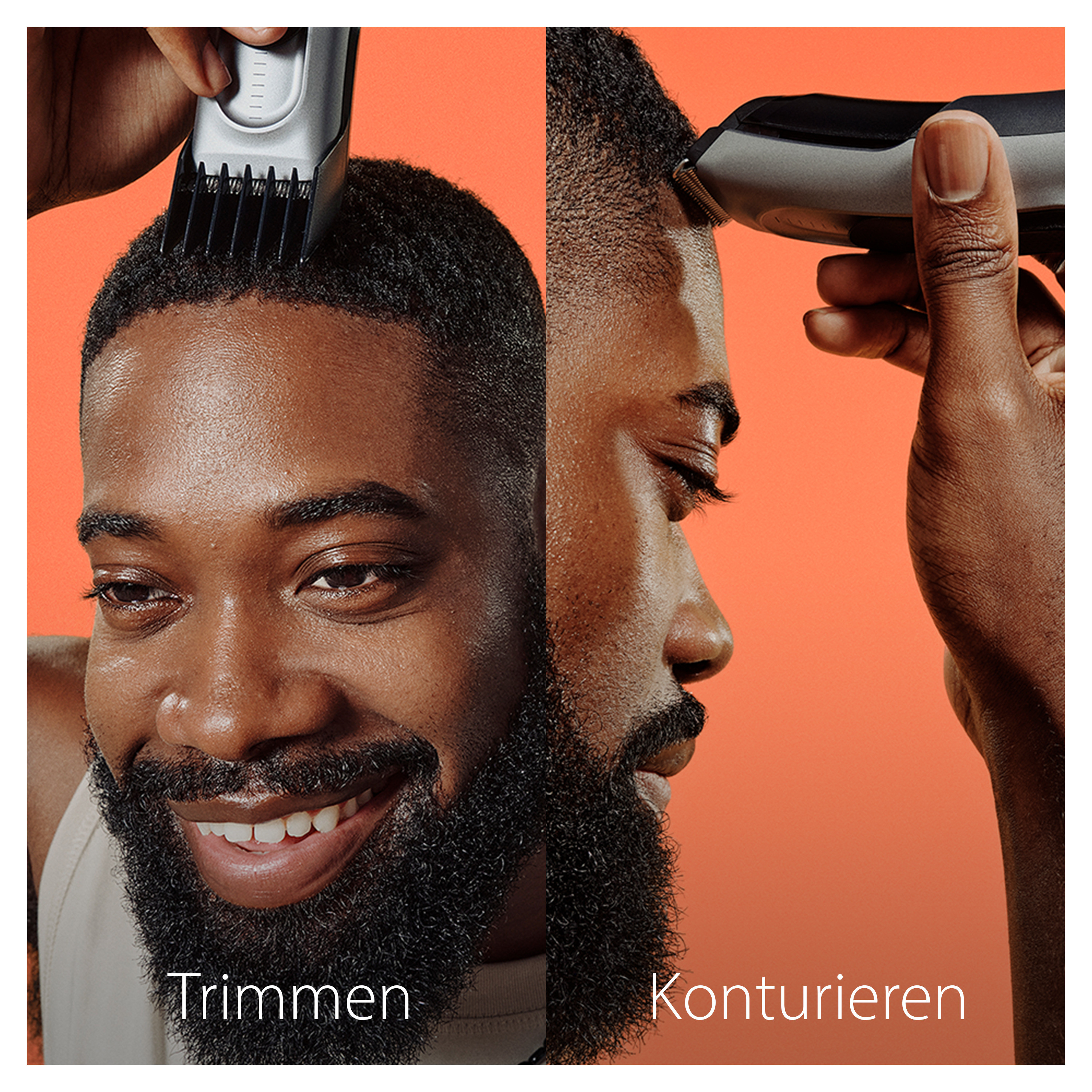 Ein geteiltes Bild eines Mannes, der sich den Bart rasiert. Eine Seite zeigt das Trimmen, die andere das Konturieren.