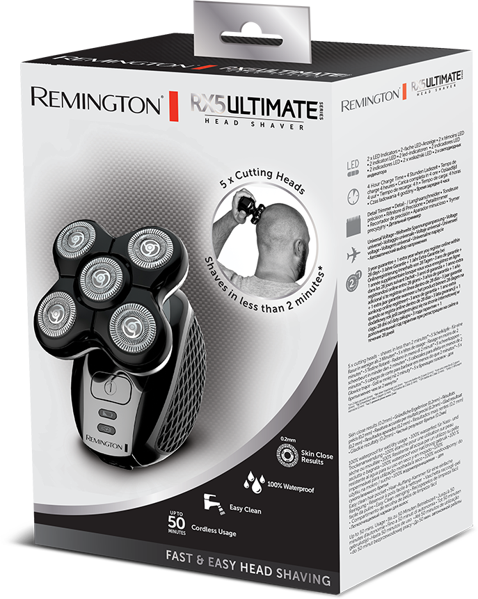 Rasoio per la testa Remington RX5 Ultimate con confezione su superficie bianca.