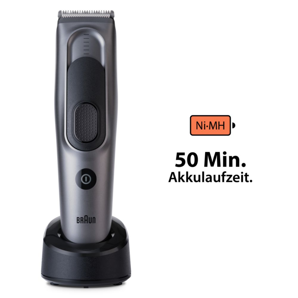 Silber-schwarzer Braun Haartrimmer auf schwarzer Basis. Akkuanzeige: 50 Minuten.