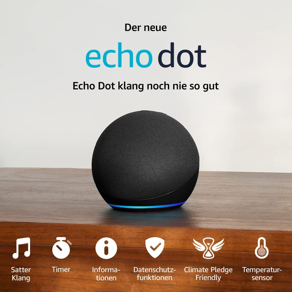 Haut-parleur Echo Dot noir avec anneau lumineux bleu, et icônes en dessous.