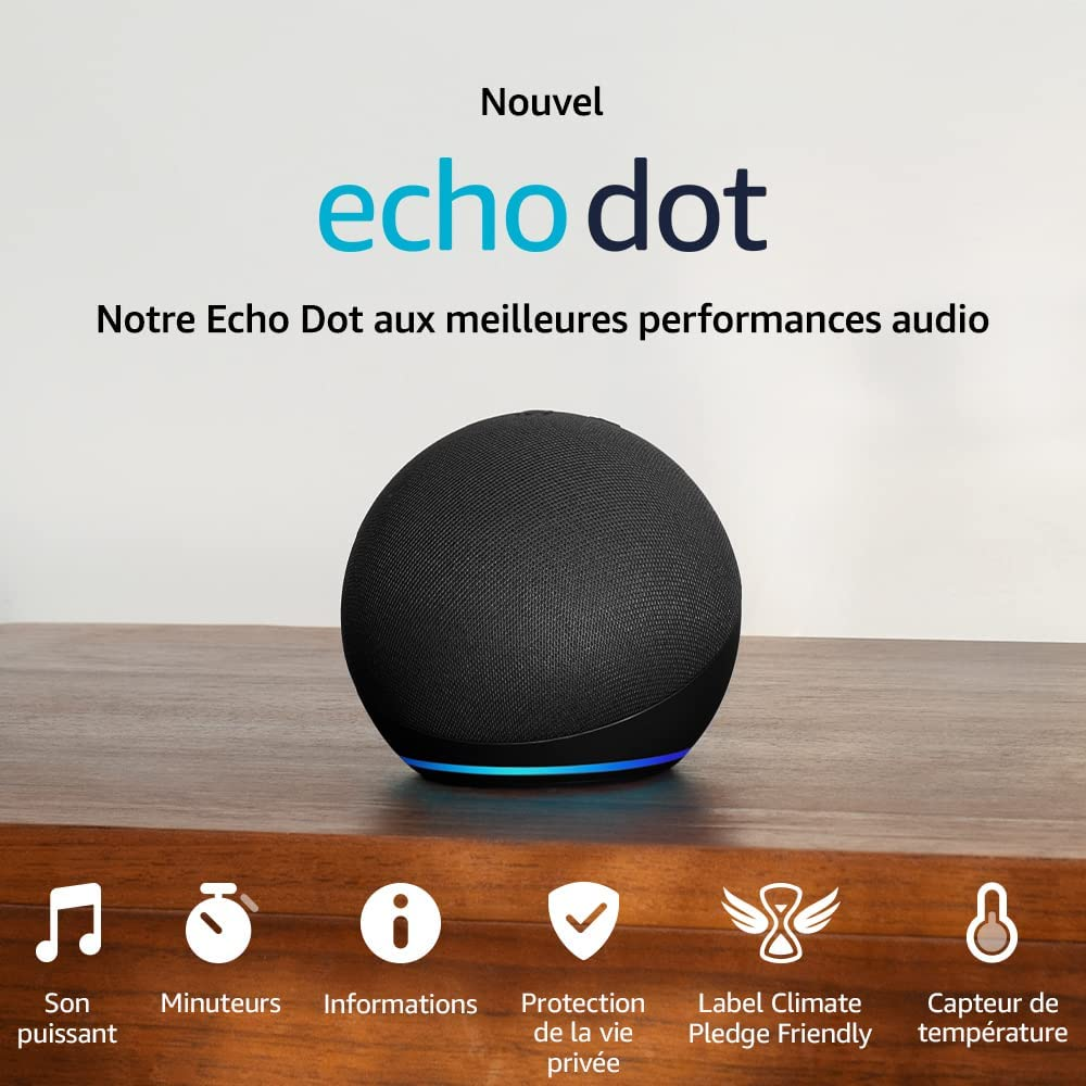 Enceinte Echo Dot sphérique noire sur bois avec icônes pour le son, les minuteurs, les infos, la vie privée, etc.