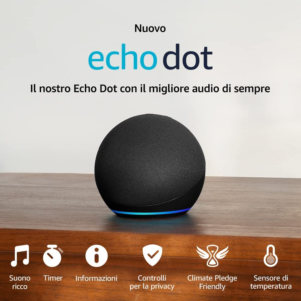 Enceinte Echo Dot sphérique noire sur bois avec icônes pour le son, les minuteurs, les infos, la vie privée, etc.