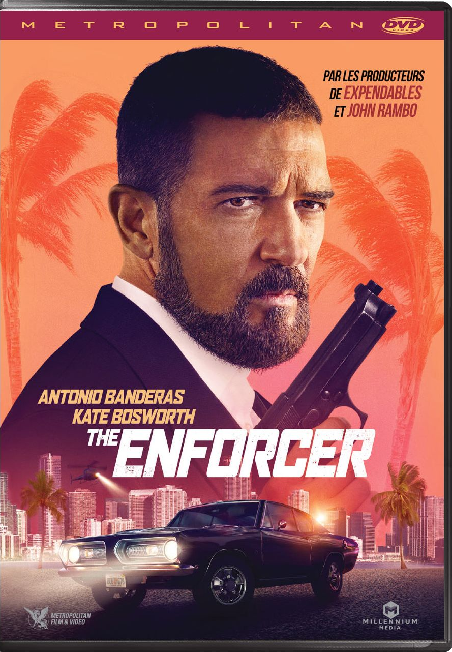 Couverture DVD. Antonio Banderas avec un pistolet, une voiture et un fond de ville. Texte : The Enforcer.