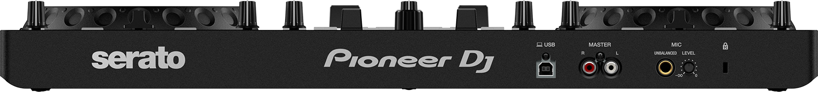 Fekete Pioneer DJ vezérlő. Serato és Pioneer DJ feliratok. USB és egyéb csatlakozók.
