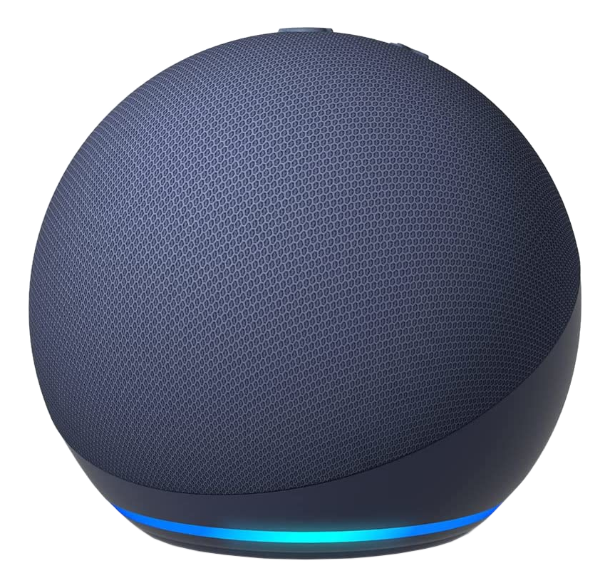 Altoparlante intelligente sferico blu. Ha una superficie in tessuto a rete e una base luminosa.