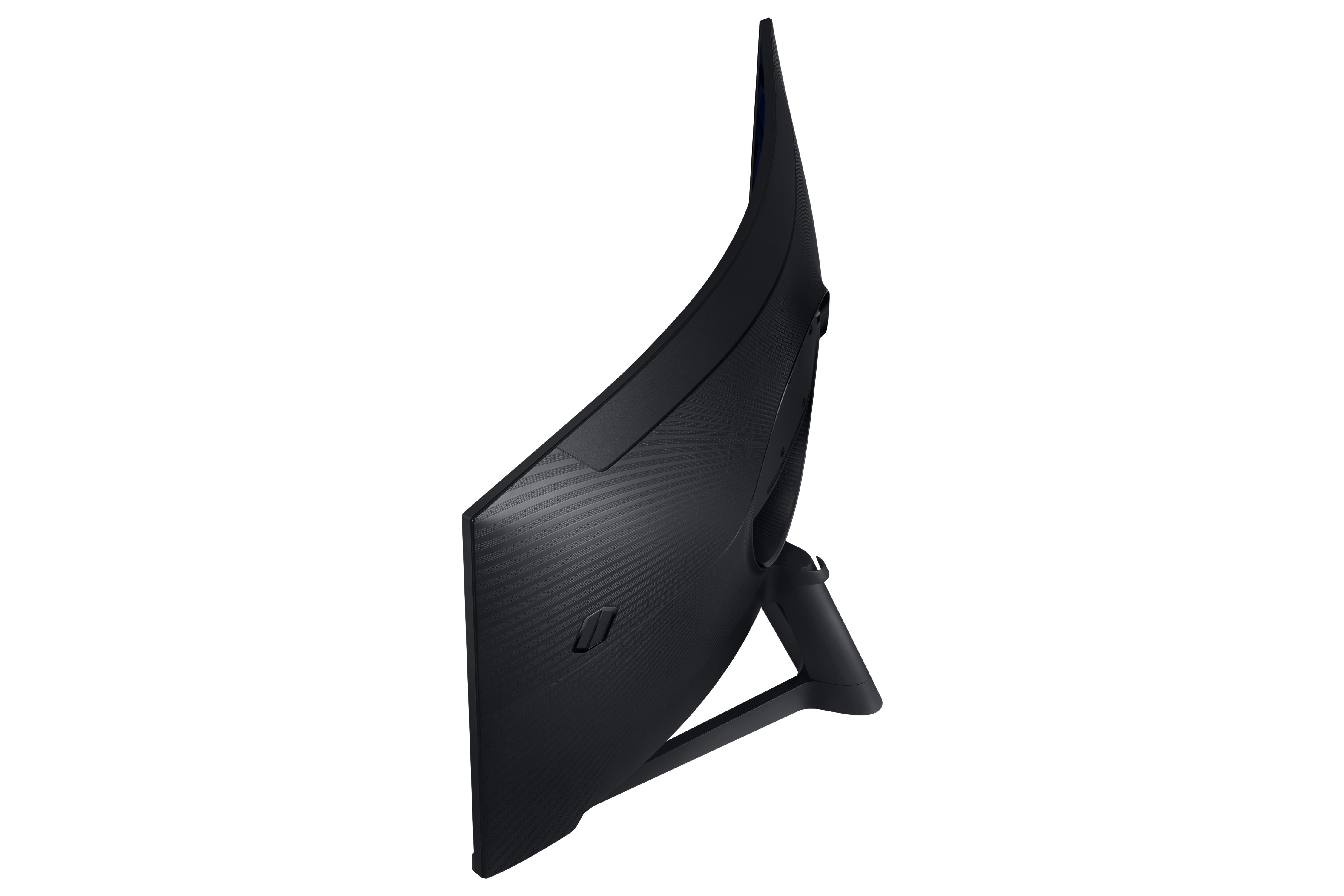 Schwarzer gewölbter Monitor, Seitenansicht. Die Rückseite ist schwarz mit strukturiertem Muster.