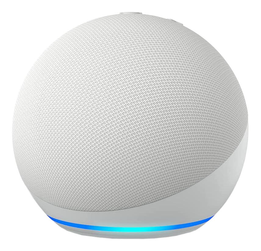 Haut-parleur blanc Amazon Echo Dot. Il a un maillage blanc et une lumière bleue.