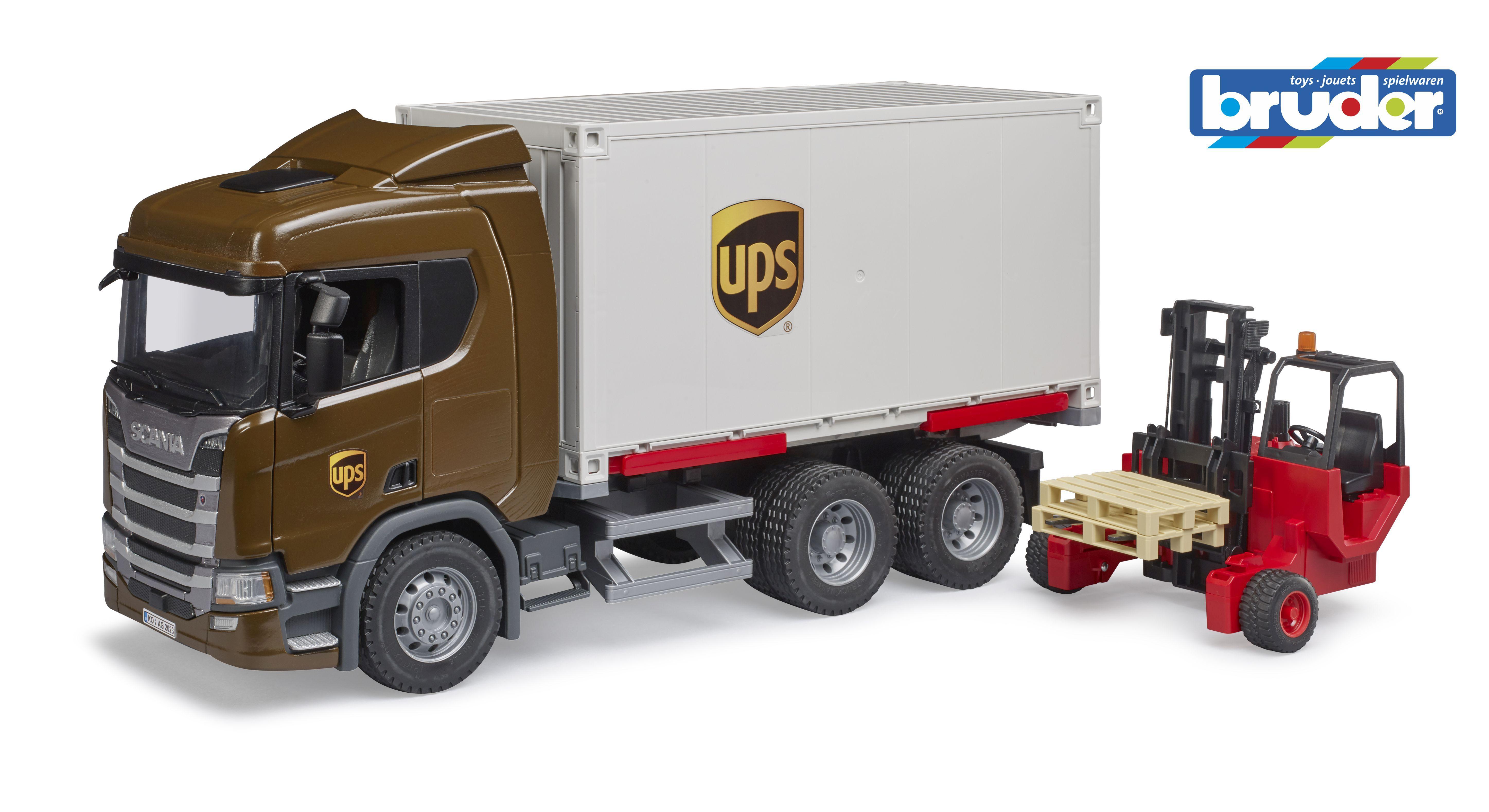 Mehrfarbig Super Mitnahmestapler Spielzeugauto 560R Logistik-LKW UPS Scania BRUDER 03582 mit
