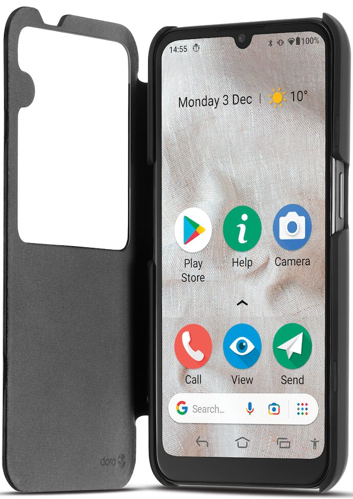 Étui de smartphone noir ouvert affichant l'écran du téléphone.