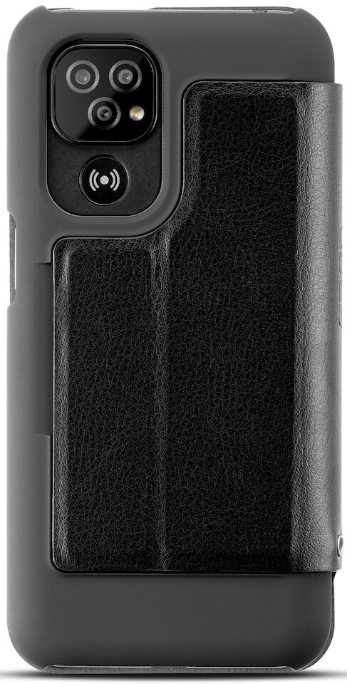 Une coque de téléphone noire avec une découpe pour l'appareil photo et un porte-cartes.