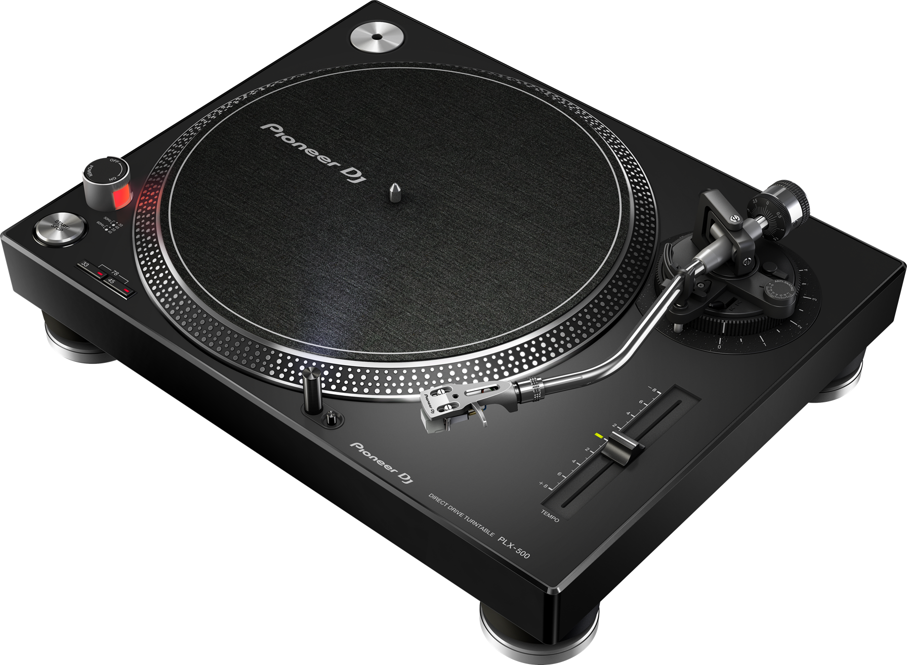 Fekete Pioneer DJ lemezjátszó fekete tányérral, ezüst karral és vezérlőkkel.