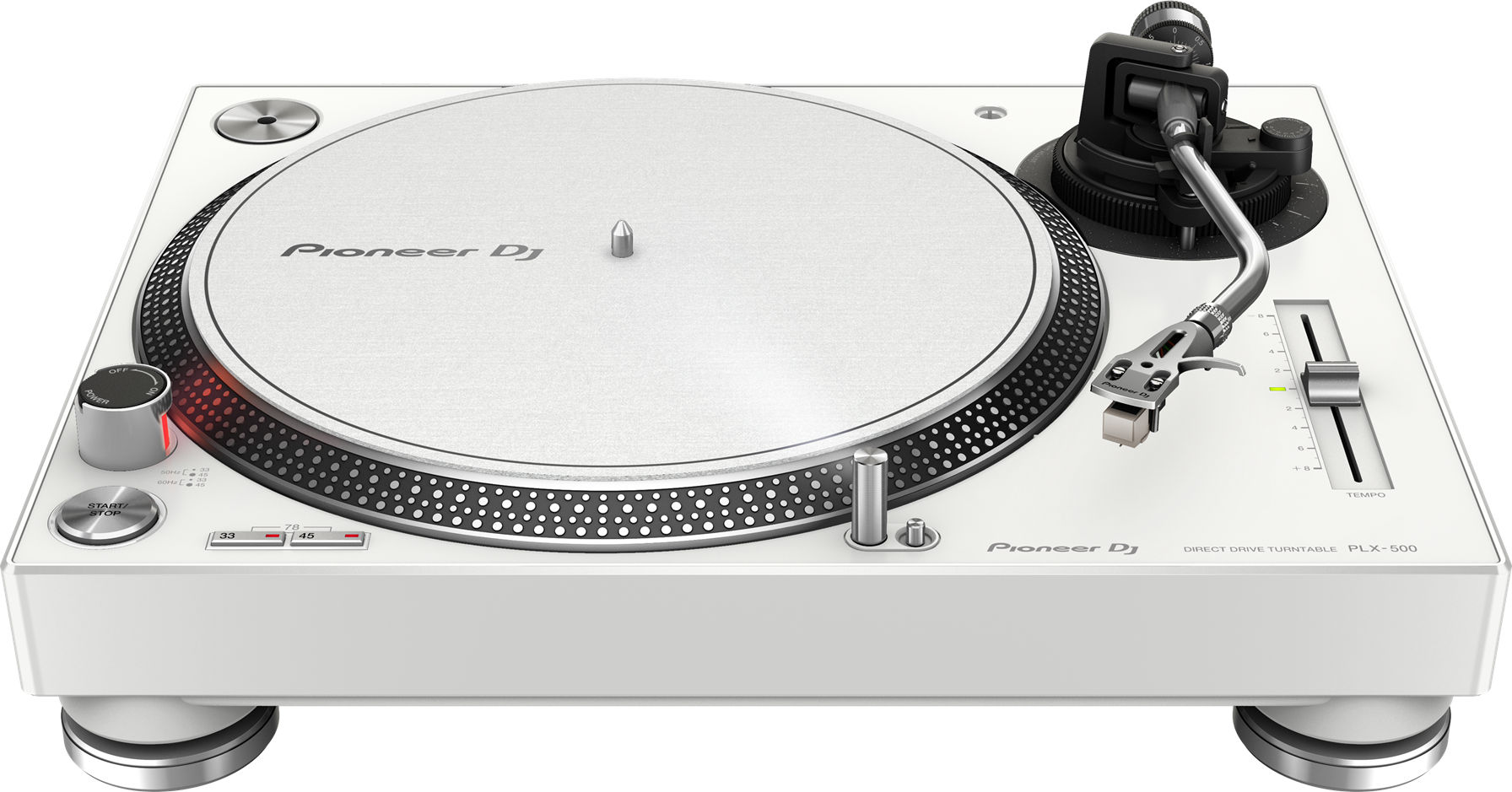 Fehér Pioneer DJ lemezjátszó. Ezüst tányér, fekete hangkar.