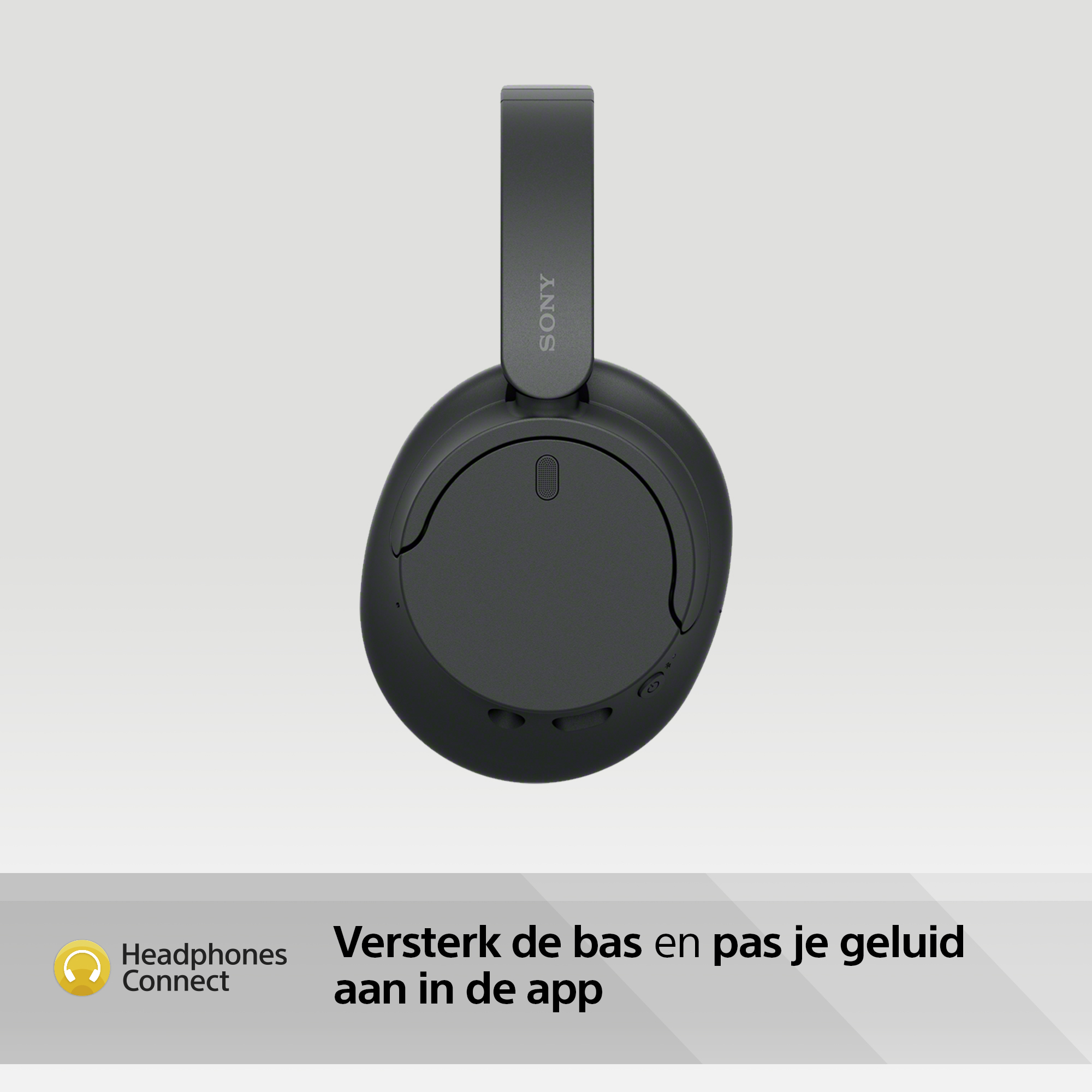 Donkergrijze over-ear koptelefoon op een lichtgrijze achtergrond. Tekst vermeldt 'Headphones Connect'.