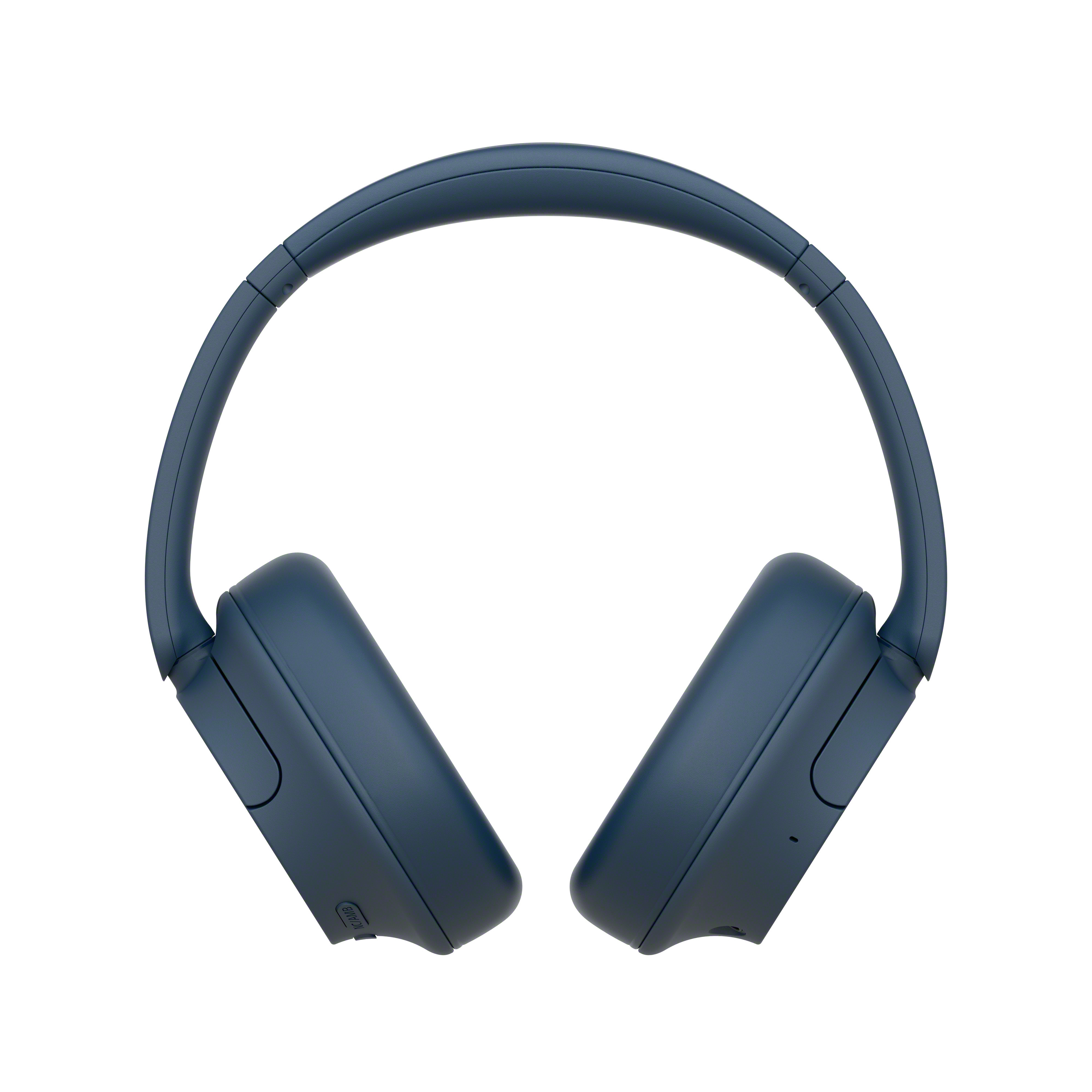 Casque bleu, incliné, montrant les oreillettes et l'arceau.