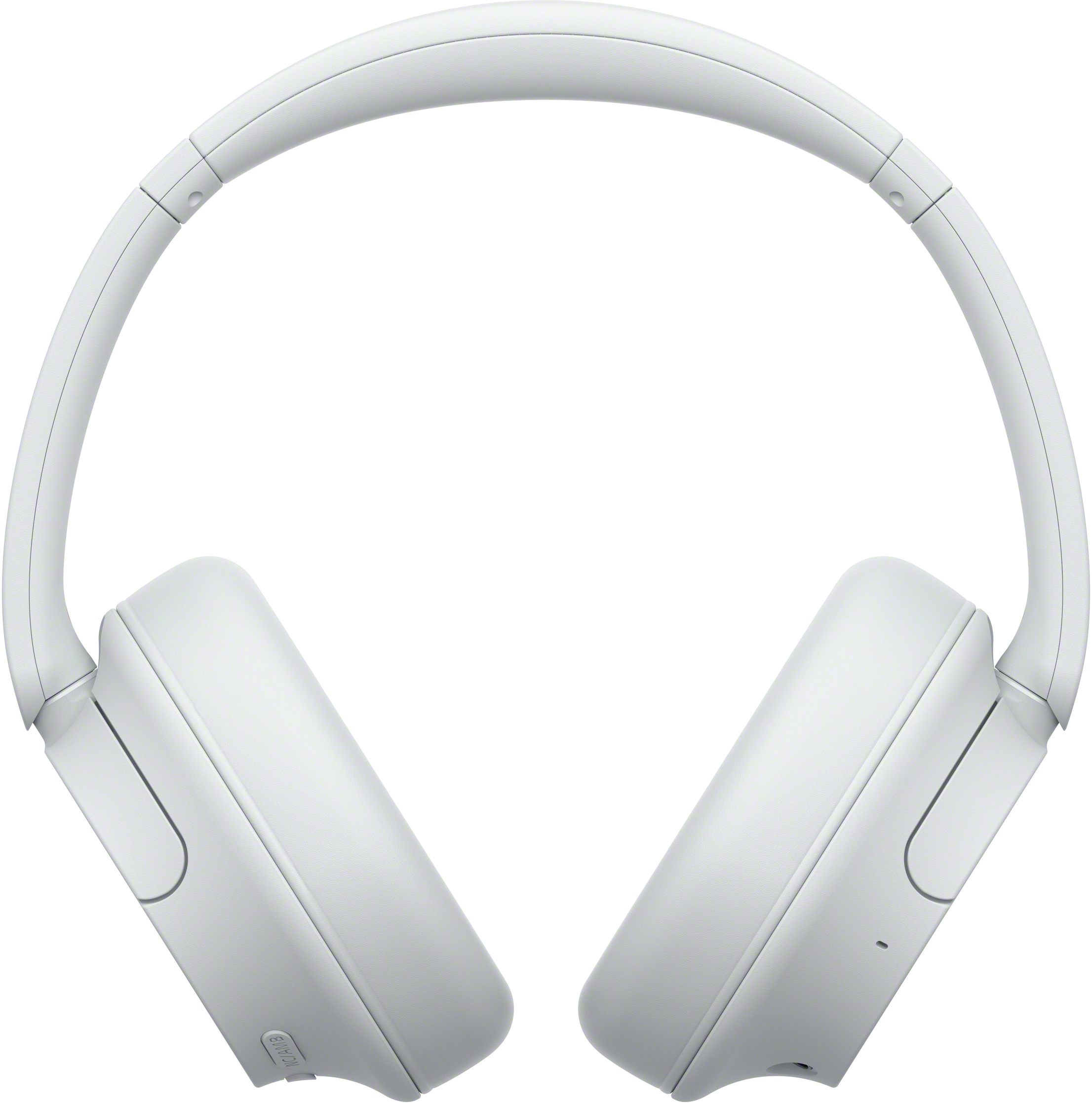 Casque blanc, incliné, montrant les oreillettes et l'arceau, sur fond noir.