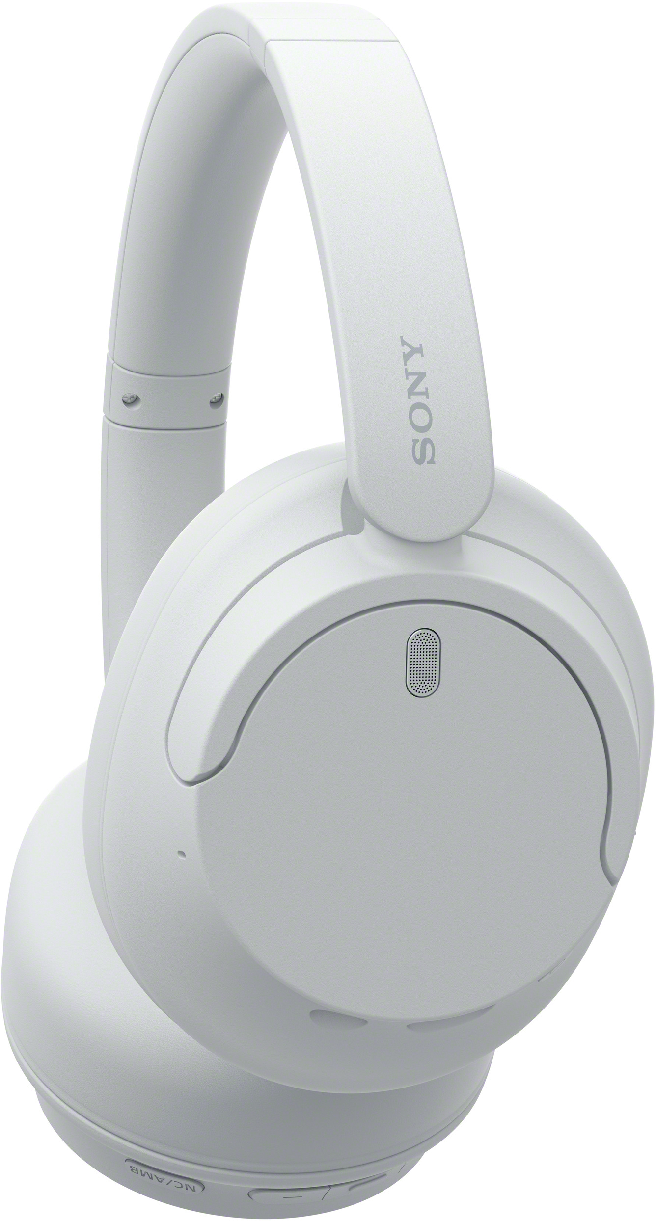Casque Sony blanc isolé sur fond blanc. L'arceau porte le nom de la marque Sony.