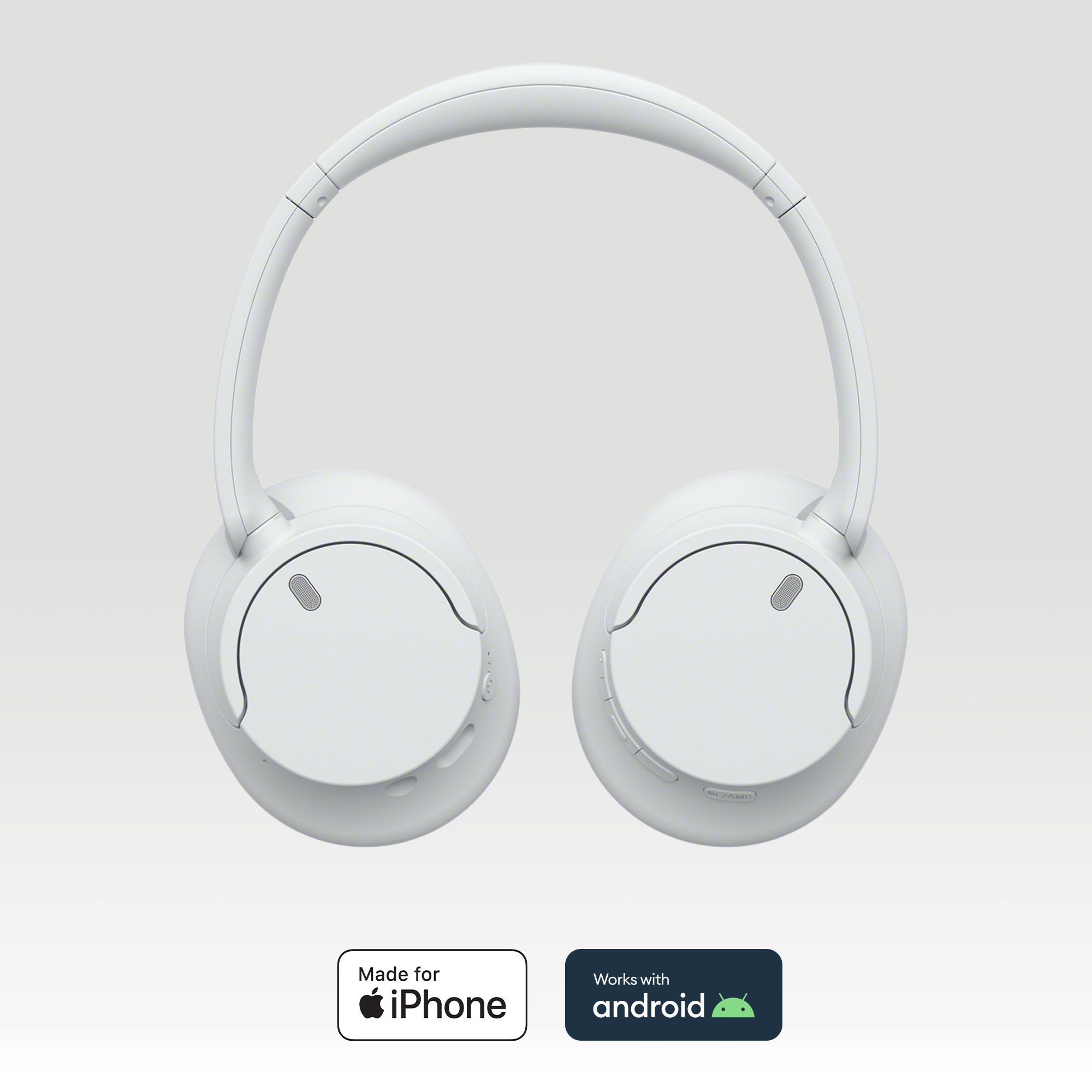 Casque blanc sur fond clair, avec logos de compatibilité iPhone et Android.