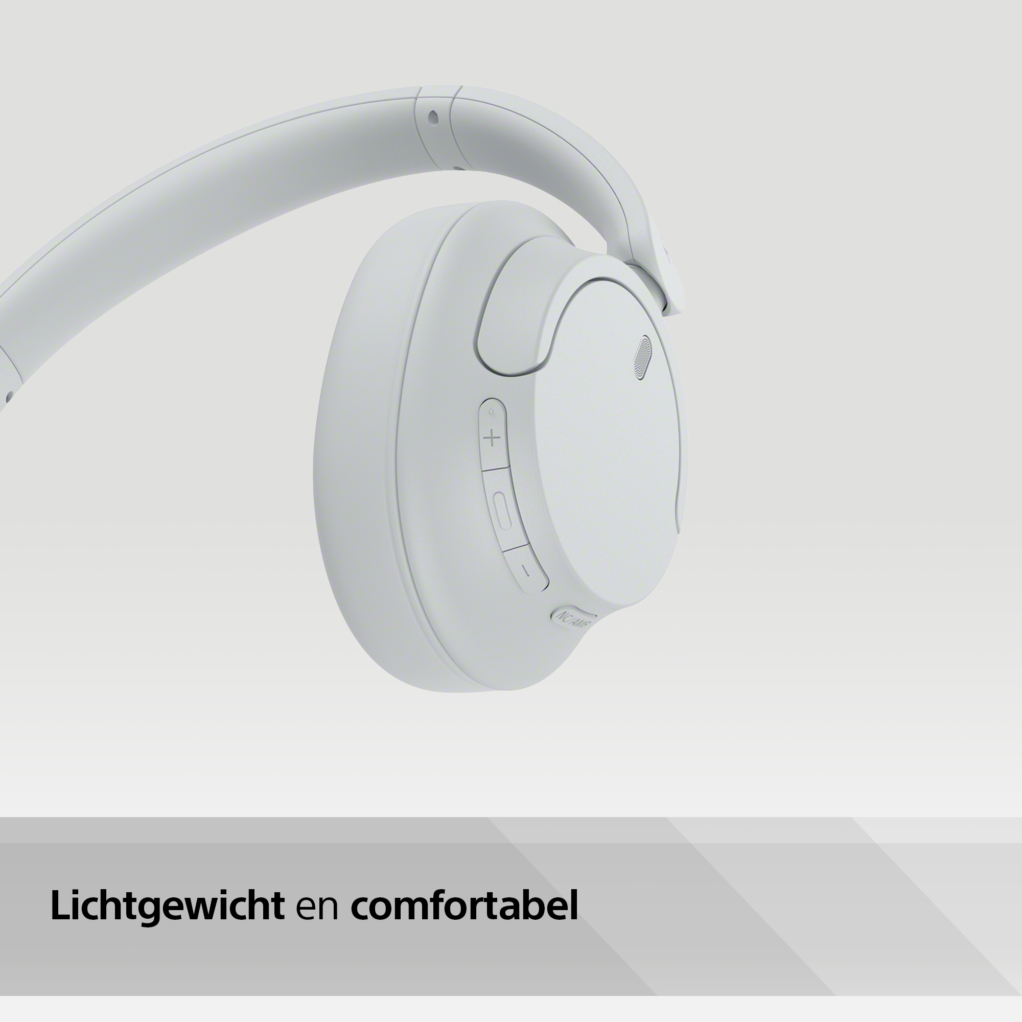 Casque blanc sur fond blanc avec boutons, texte : Léger et confortable.