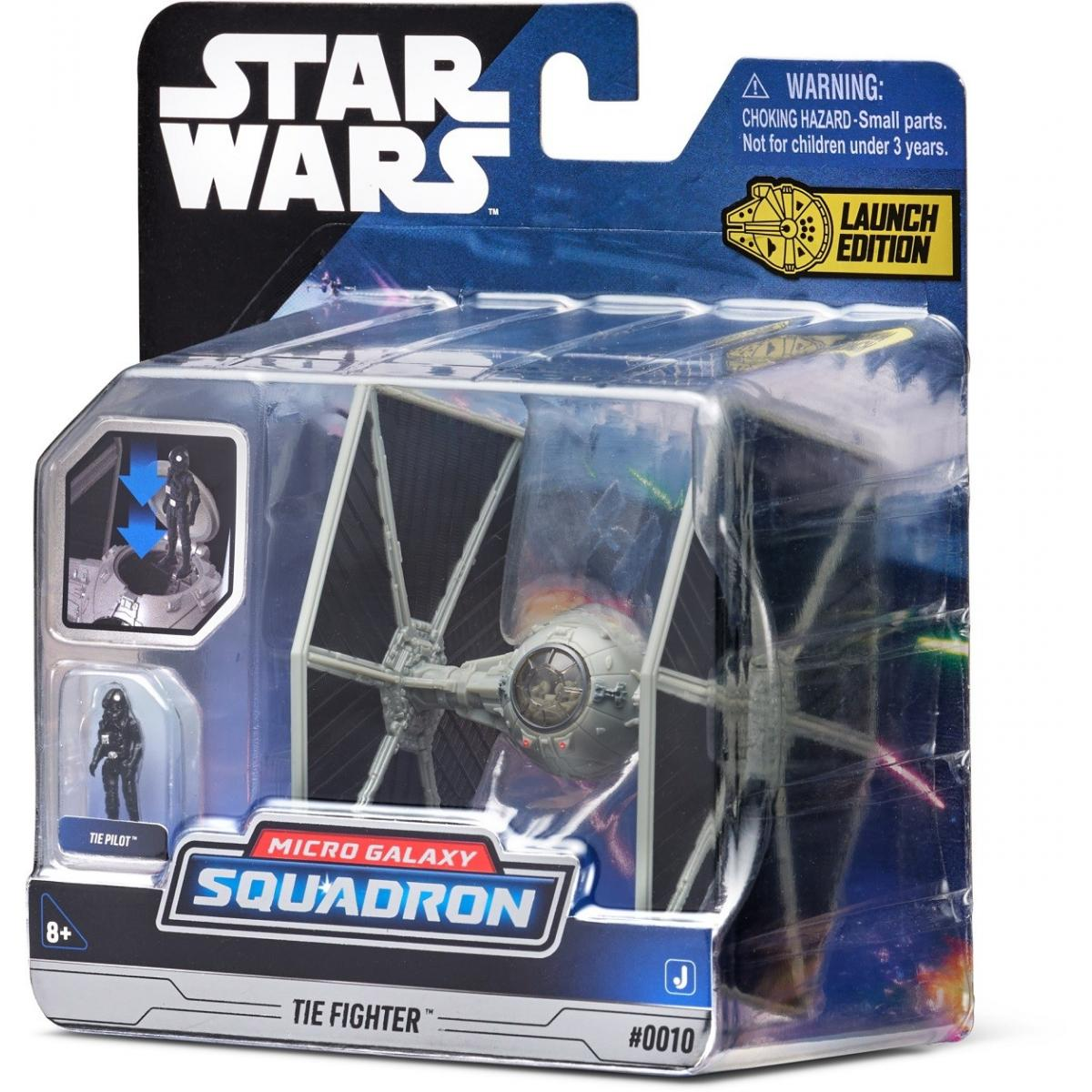 Egy Star Wars Micro Galaxy Squadron Tie Fighter játékcsomag. A csomag a játékot és két kis figurát mutat.