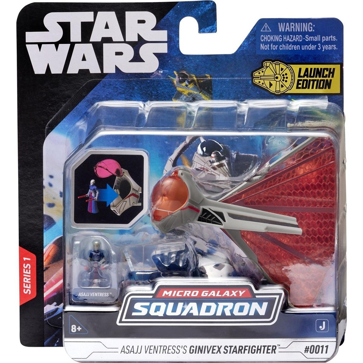 Star Wars játékcsomagolás piros-szürke űrhajóval és Asajj Ventress figurával.