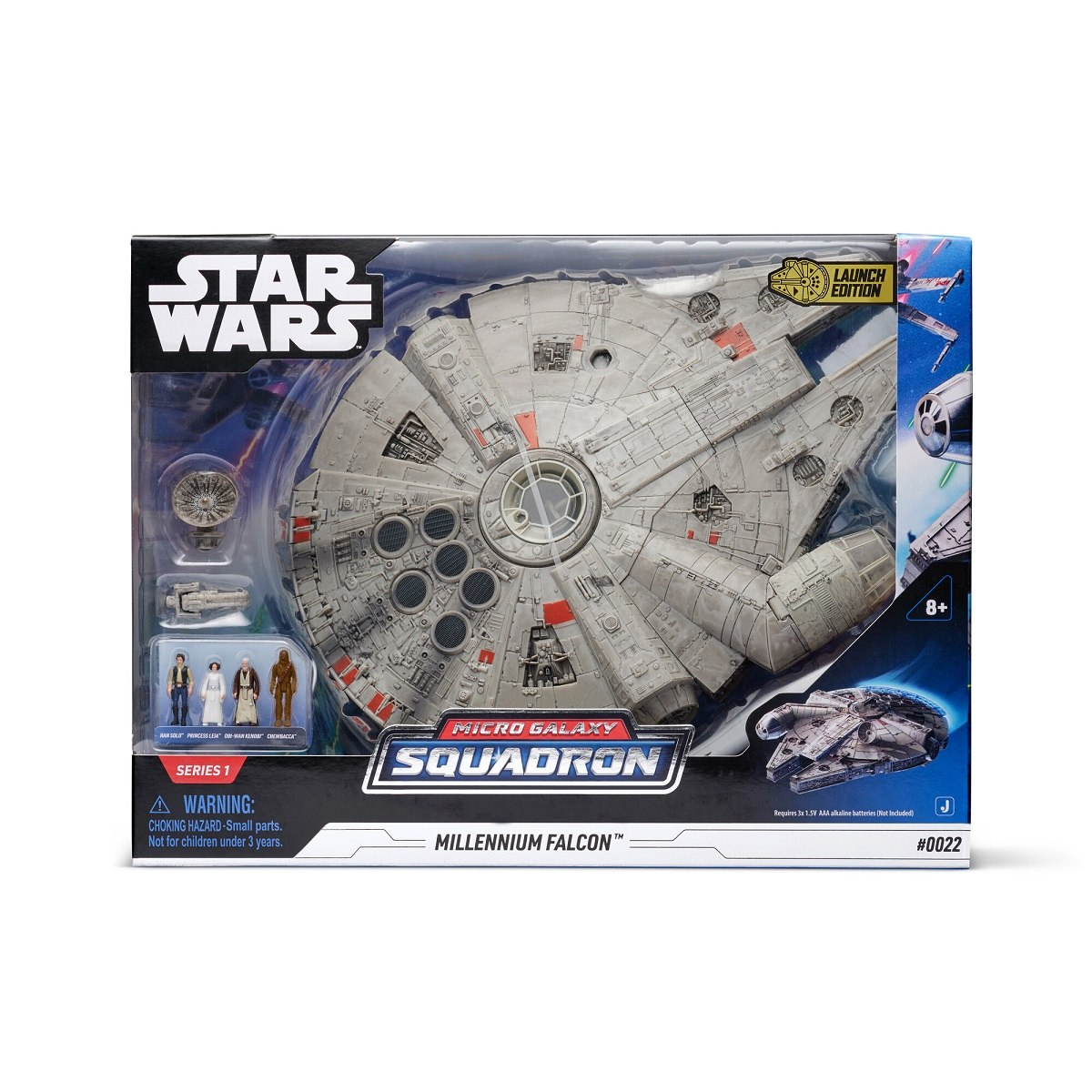 Egy Star Wars Millennium Falcon játékdoboz figurákkal és egy kis hajómodellel.