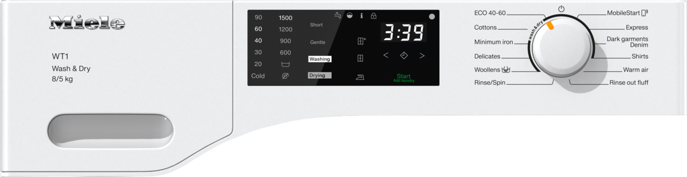 Fehér Miele mosógép panel digitális kijelzővel és tárcsával a programválasztáshoz.