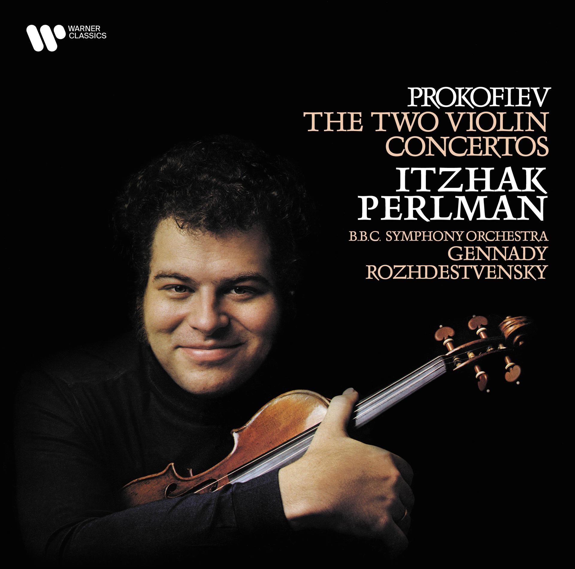 Album borító Itzhak Perlmannal és szöveggel. Sötét háttér.