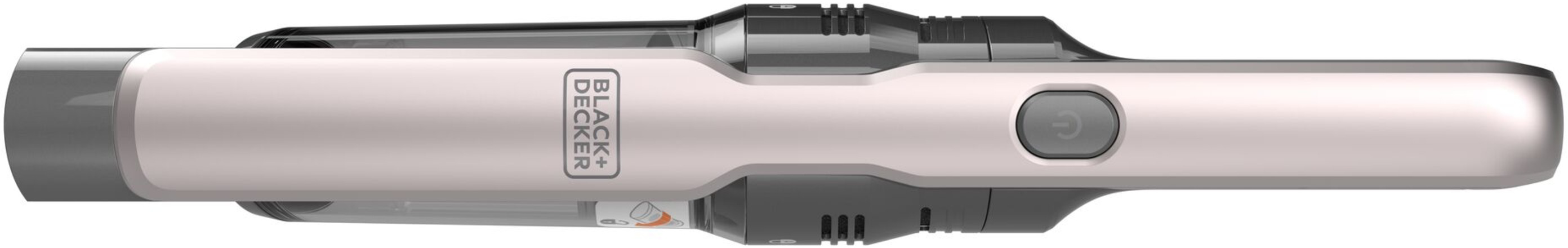 Schwarz-weißer Handstaubsauger, Draufsicht. Schwarze Taste und Markenname.