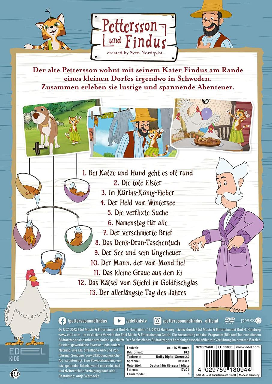 Rückseite einer DVD: Cartoon-Bilder und Text in Deutsch über Petterson und Findus.