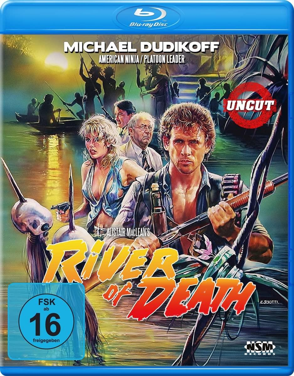 River of Death Blu-ray-Cover. Ein Mann mit einer Waffe und eine Frau sind in einem Fluss. Dschungel im Hintergrund.