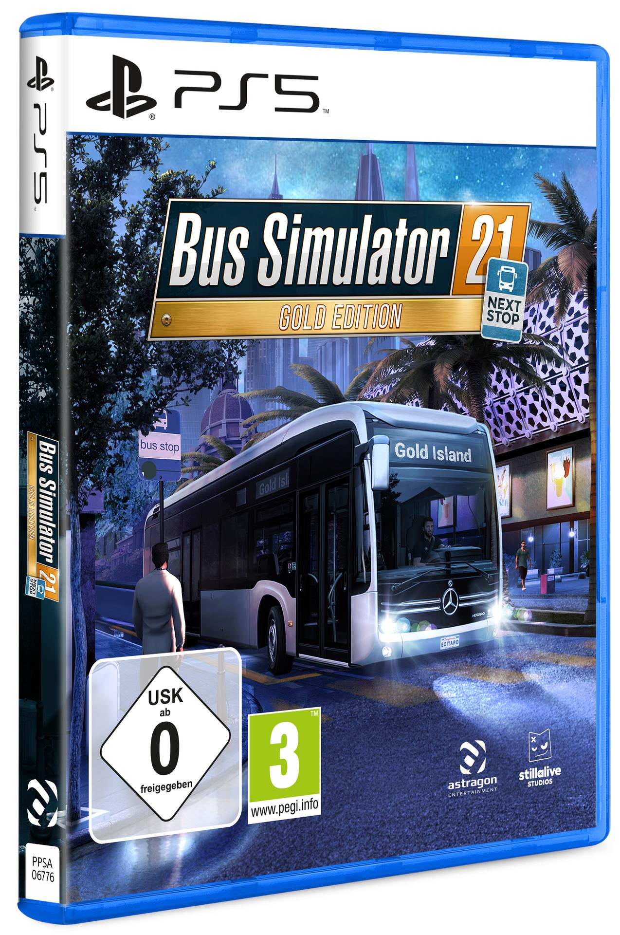 PS5-Spielbox: Bus Simulator 21 Gold Edition, mit Busgrafik auf dem Cover.