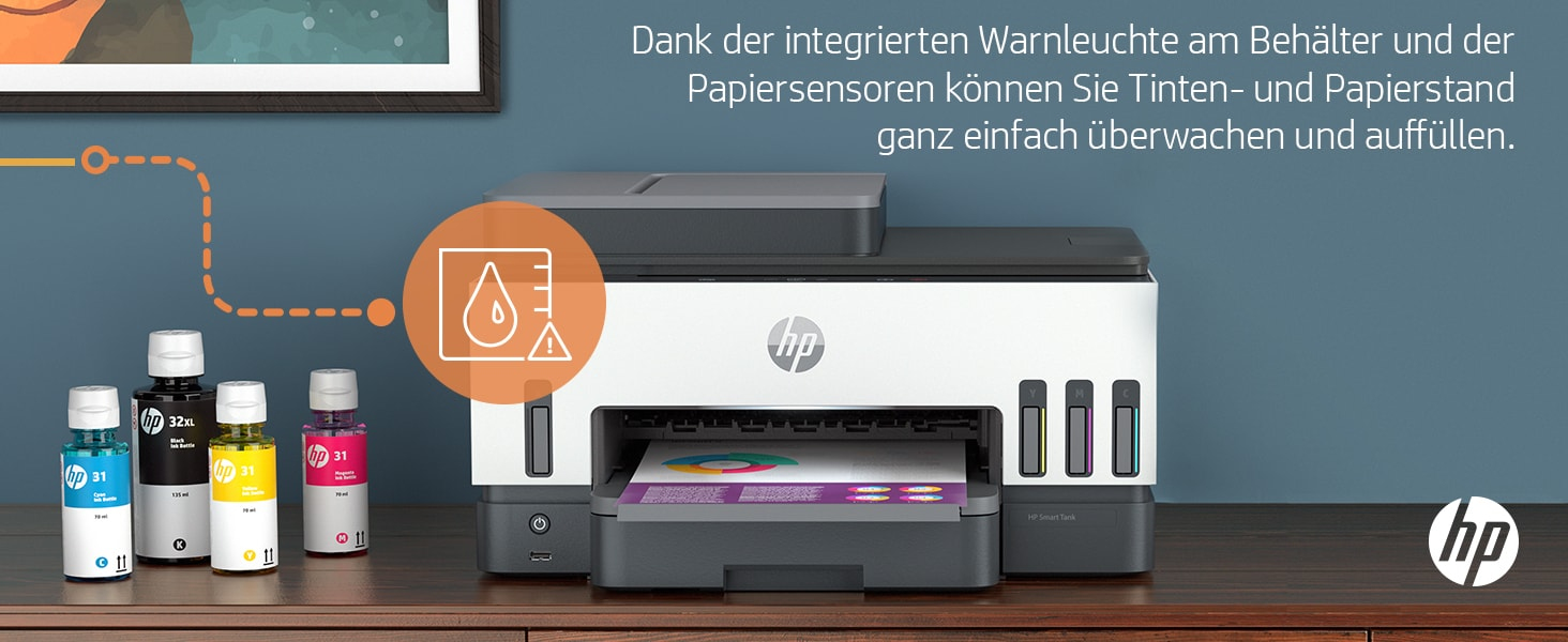 Weißer und grauer Drucker mit Tintenflaschen und einem Diagramm auf einem Holztisch.