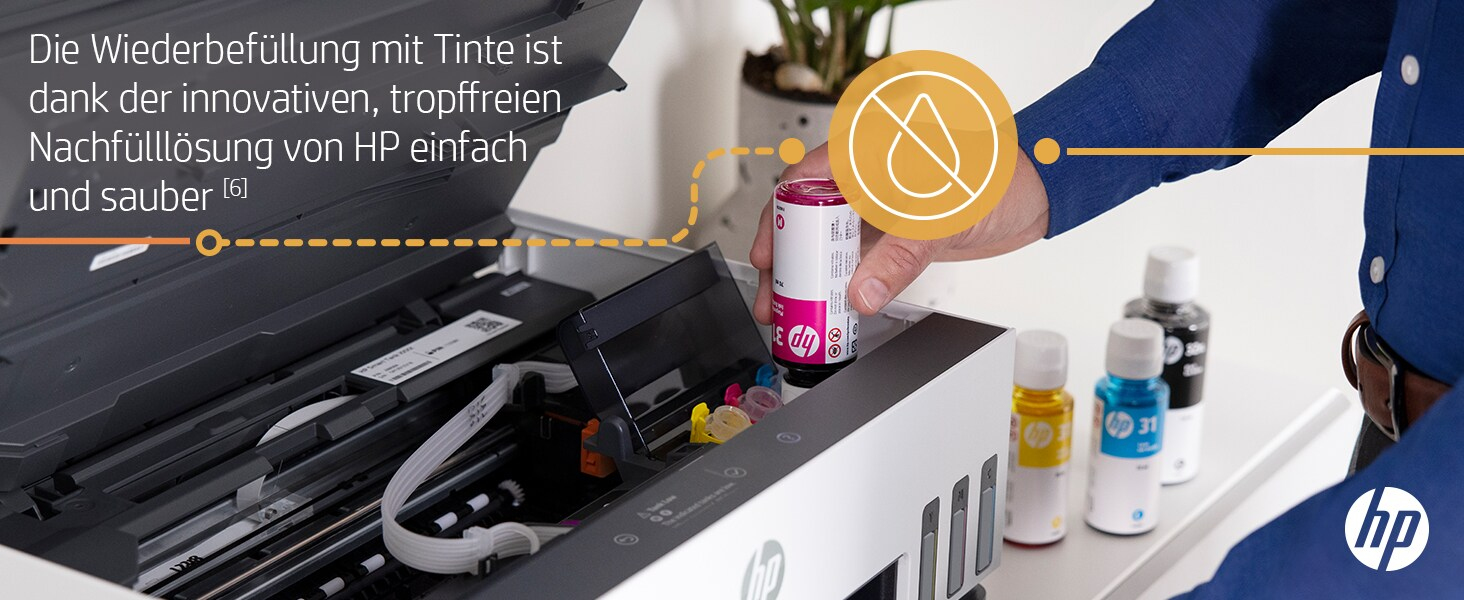 Person, die Drucker-Tintenflaschen nachfüllt. Weitere Tintenflaschen und Drucker sind auf dem Tisch.