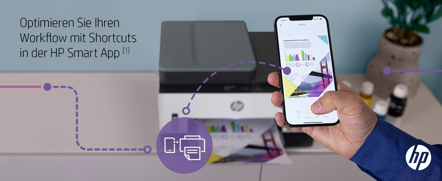 Ein Drucker mit einem Smartphone, das eine Smart-App-Oberfläche mit bunten Elementen anzeigt.