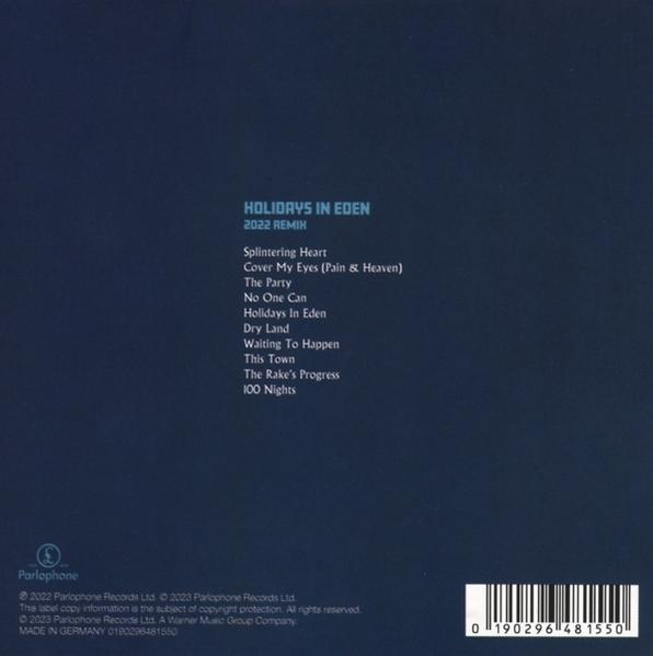 Album borítója fehér szöveggel a dalok címeivel kék háttéren, vonalkóddal.