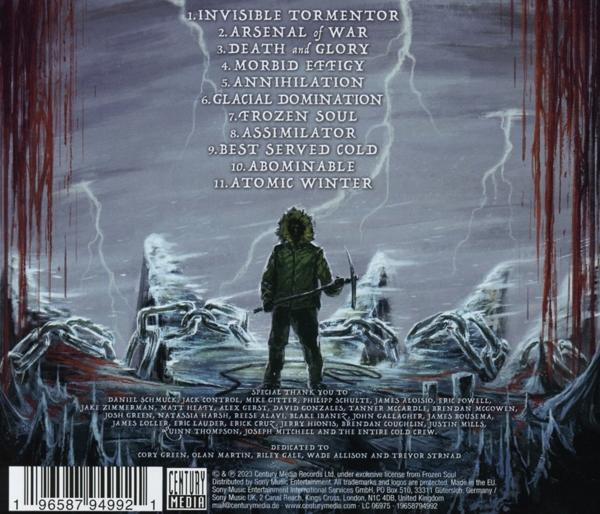 Album-Rückseite mit Schneelandschaft, Figur mit Spitzhacke und Songtiteln.