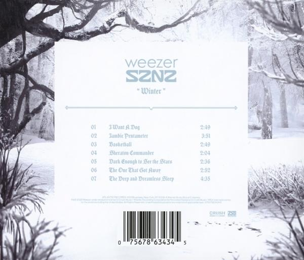 Albumcover von Weezers SZNZ Winter, mit schneebedecktem Hintergrund und Trackliste.