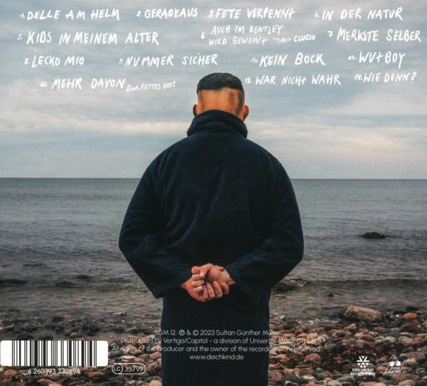 Rückseite des Albumcovers. Ein Mann steht vor dem Meer. Der Text auf dem Cover ist auf Deutsch.
