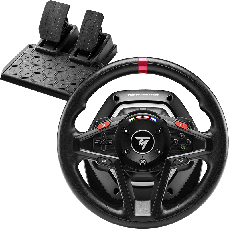 Un volant de course et un ensemble de pédales. Le volant est noir avec des boutons. Les pédales sont noires.