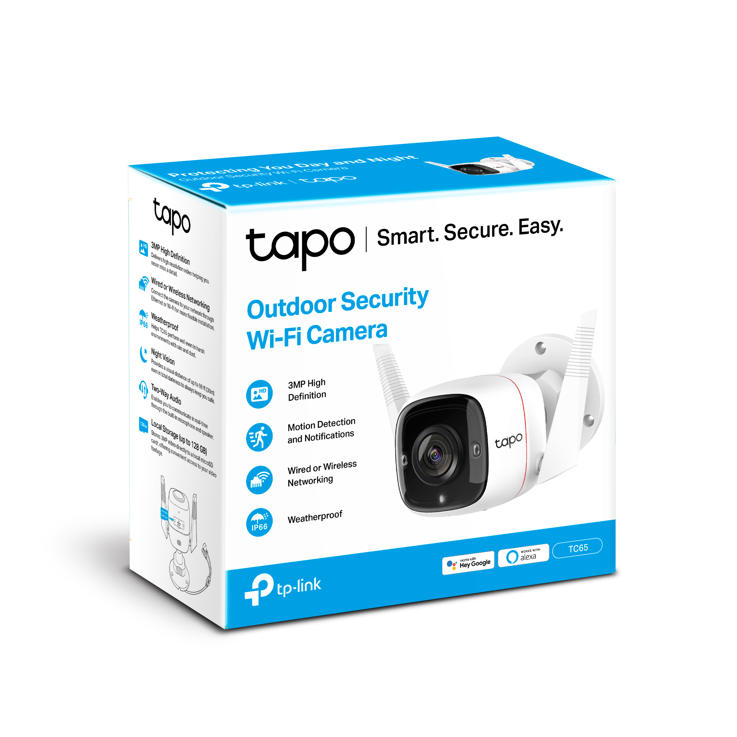 Una caja de cámara de seguridad Wi-Fi para exteriores Tapo, cámara blanca con antenas.
