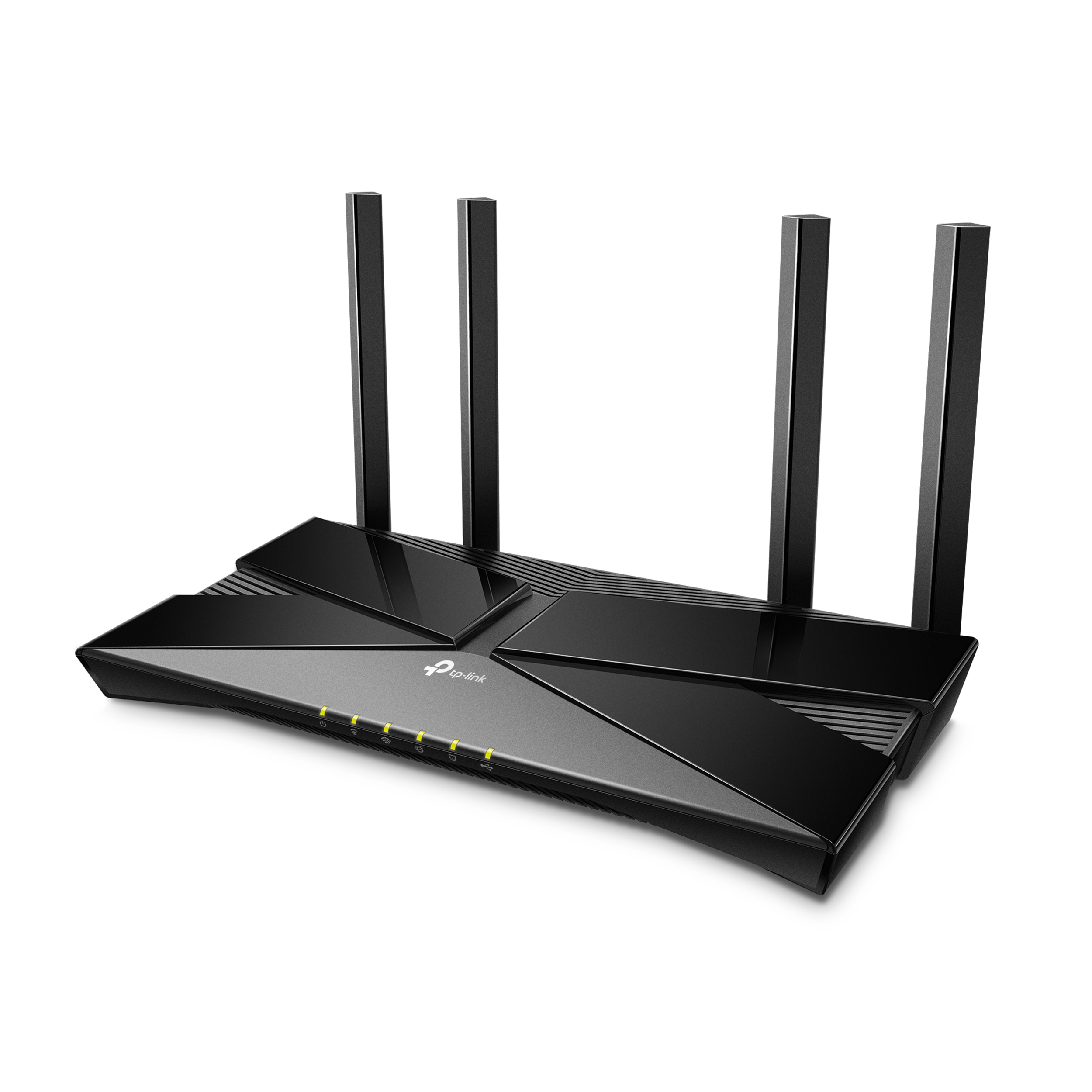 Enrutador Wi-Fi negro con cuatro antenas, en ángulo, sobre fondo blanco.