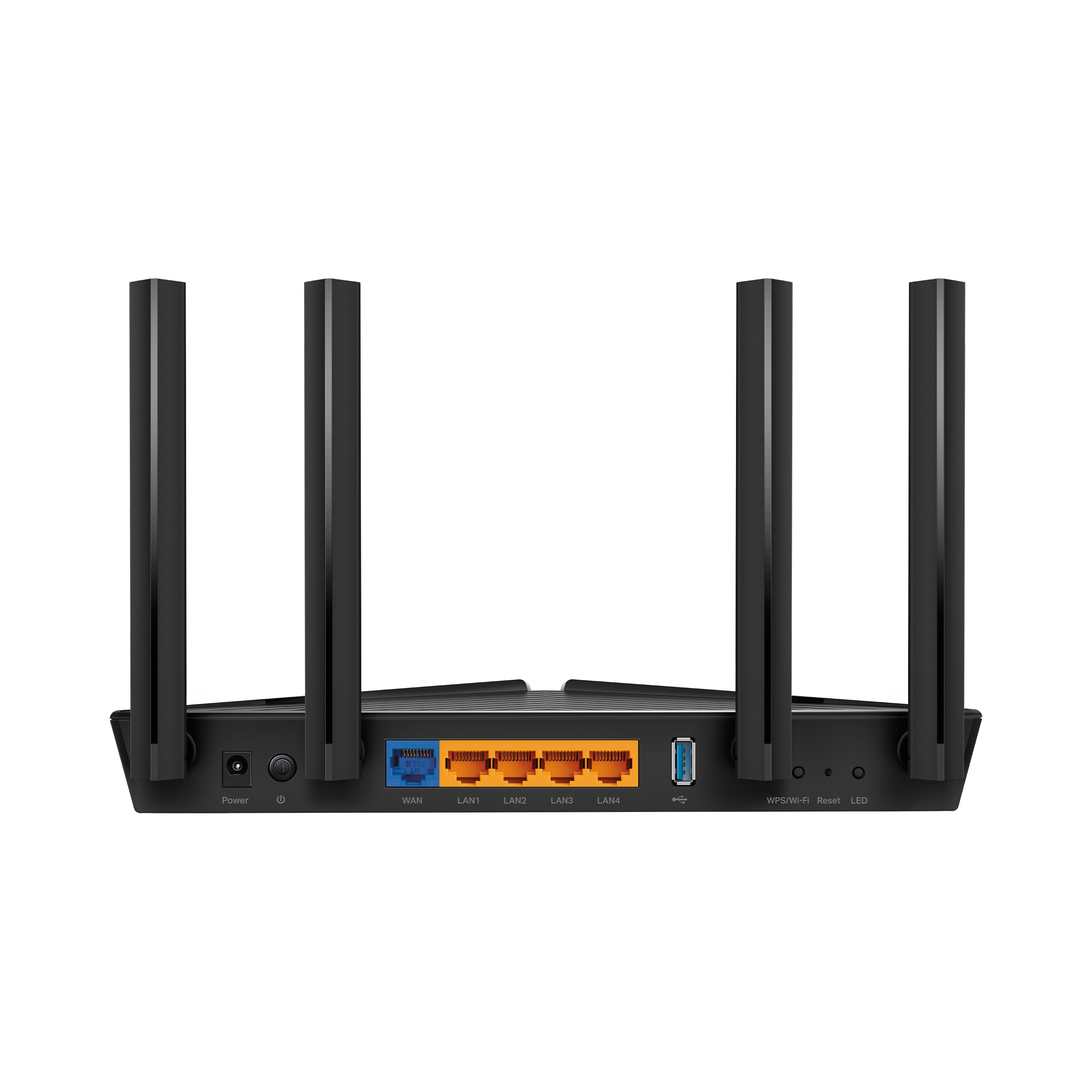 Un router TP-Link negro con cuatro antenas. Vista trasera.