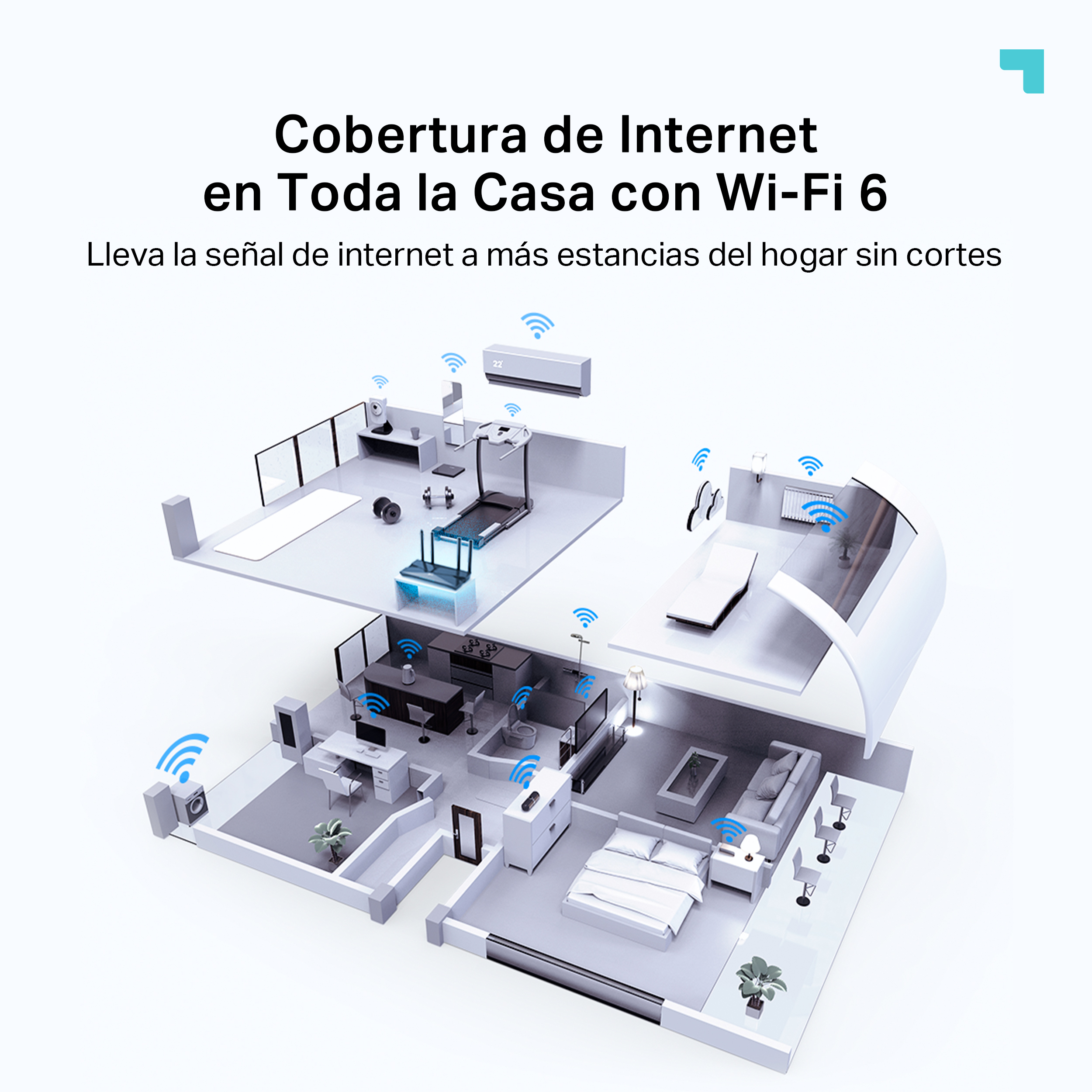 Una ilustración de una casa con señales Wi-Fi en cada habitación.