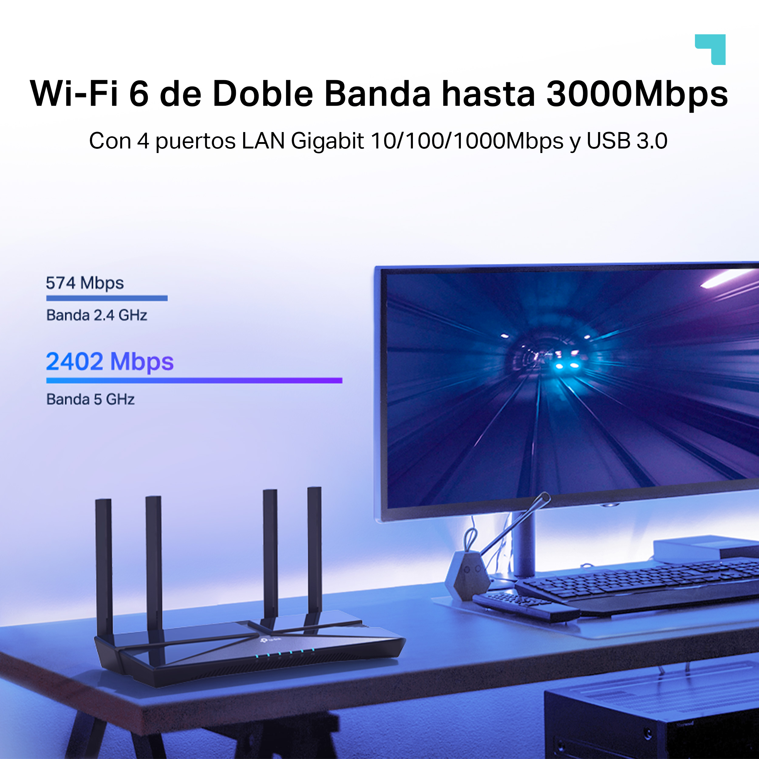 Un router con cuatro antenas negras. Muestra Wi-Fi 6 y velocidades de hasta 3000 Mbps. Texto en español.