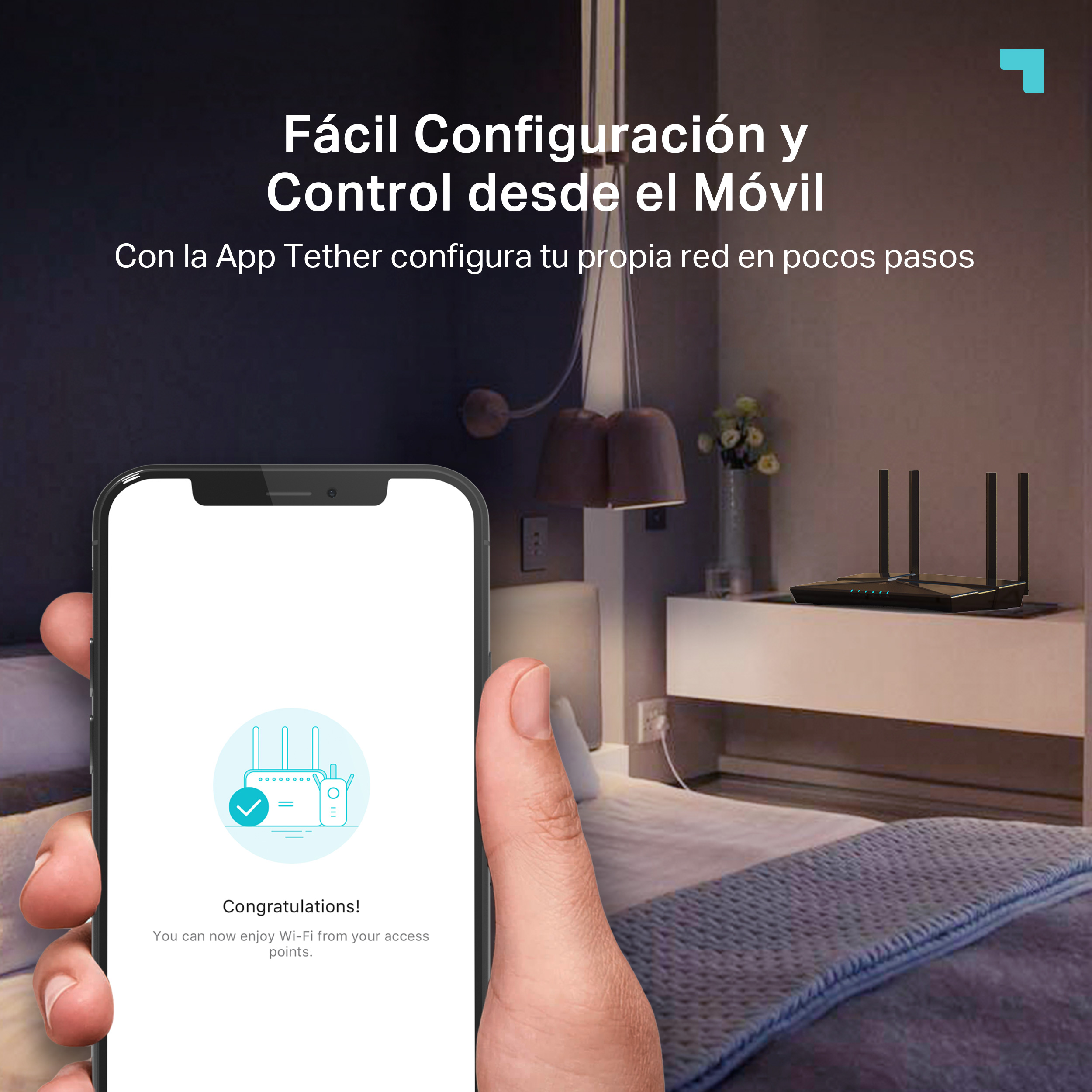 Una persona sosteniendo un teléfono que muestra un mensaje de felicitación sobre la configuración de Wi-Fi.