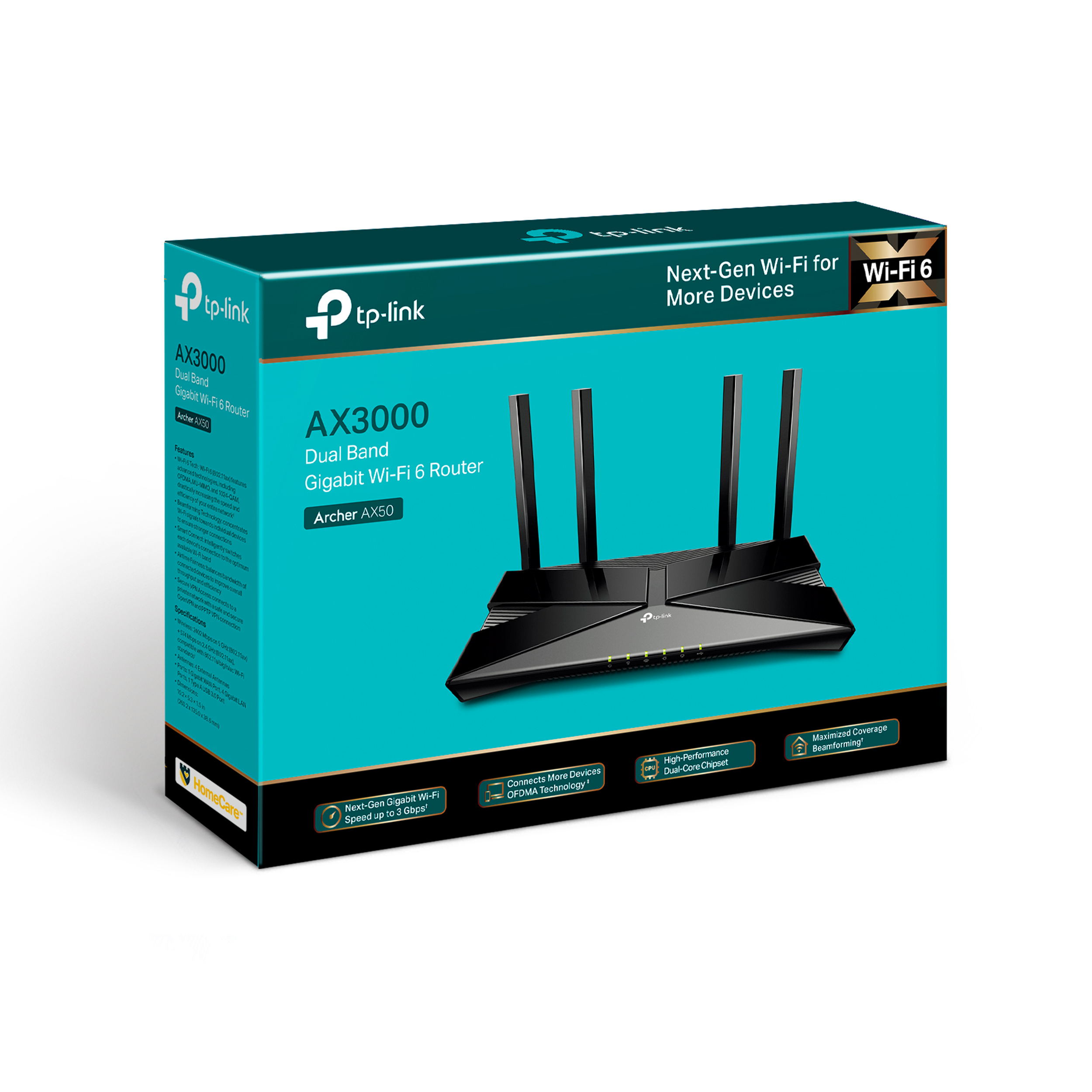 Una caja de enrutador de TP-Link con antenas, fondo blanco.