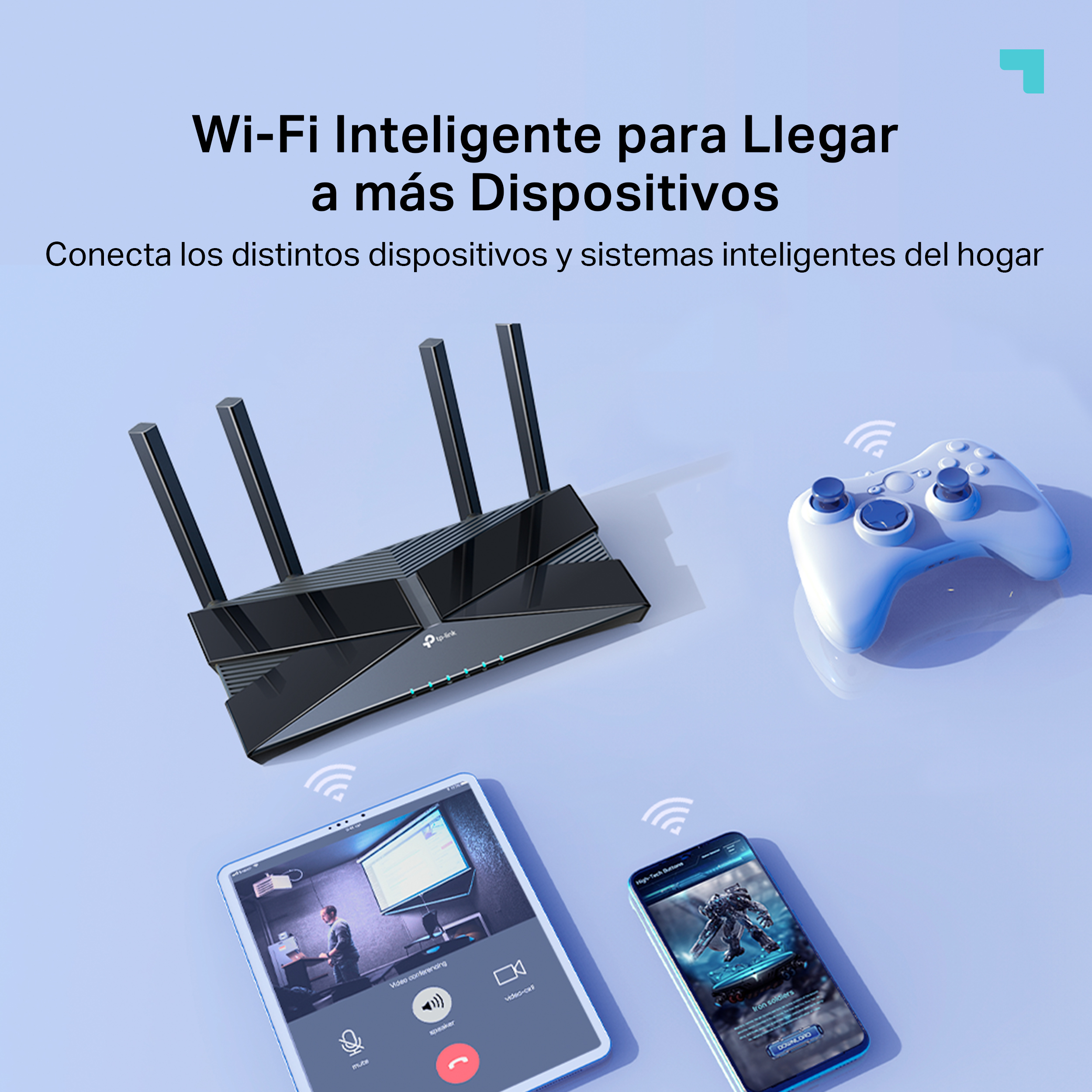 Un enrutador Wi-Fi TP-Link negro con antenas y dispositivos conectados.