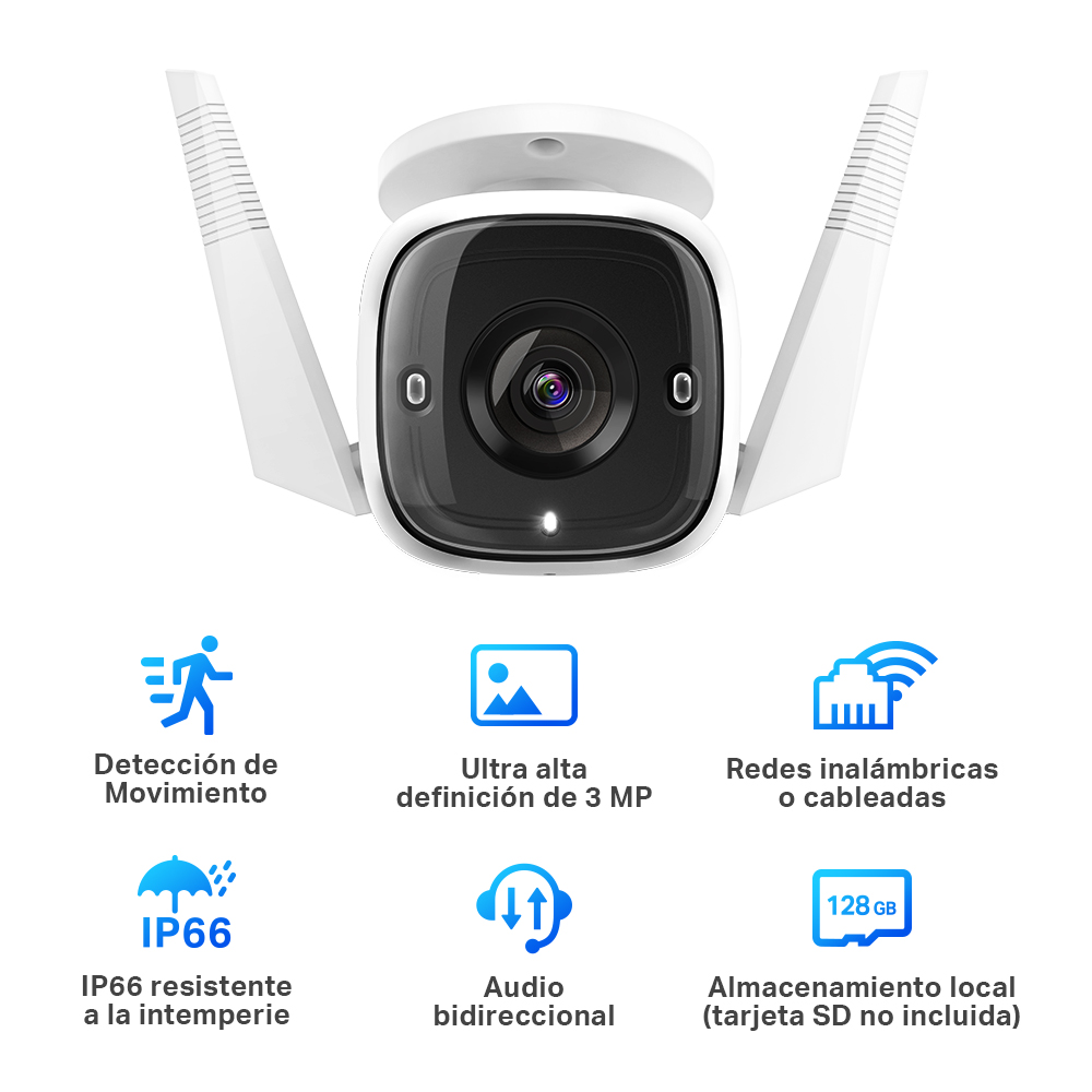 Cámara de seguridad blanca con antenas e iconos. Tiene dos antenas y varios iconos alrededor. Fondo blanco.